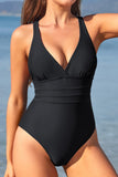 1 x RAW Customer Returns SHEKINI Women s One Piece Swimsuit V Neck Ruched Swimwear Cross Backless Figure Shaping Beachwear Swimsuit M, Black  - RRP €34.95