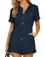 1 x RAW Customer Returns Vetinee Women s Summer Short Sleeve Casual Lace Up Waist Jumpsuit, Sea Blue, XL - RRP €34.99