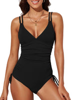 1 x RAW Customer Returns Dokotoo Women s Swimsuit Black V-Neck Backless Swimwear Ruffle Tummy Control One Piece Beachwear Swimsuit Large - RRP €34.27