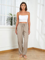 1 x RAW Customer Returns Puimentiua summer trousers for women, light summer linen trousers, 7 8 white trousers, airy, high waist linen pants, elegant fabric trousers, loose hollowed-out trousers with drawstring and pockets khaki, XL  - RRP €27.99