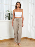 1 x RAW Customer Returns Puimentiua summer trousers for women, light summer linen trousers, 7 8 white trousers, airy, high waist linen pants, elegant fabric trousers, loose hollowed-out trousers with drawstring and pockets khaki, XL  - RRP €27.99