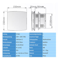 1 x RAW Customer Returns XIIW bathroom fan 100mm with humidity sensor exhaust fan adjustable run-on time, with timing wall fan Silent, with backflow flap 95m h, 12 watts 34dB for bathroom, toilet, kitchen - RRP €41.34