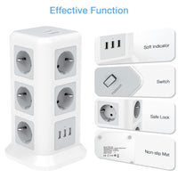 1 x RAW Customer Returns TESSAN multiple socket with USB, 11-way power strip with 3 USB, extension cable 2M power strip, USB socket tower multiple plug, multiple socket with switch for mobile phones, 2500W - RRP €29.99