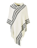 5 x RAW Customer Returns Ferand Chic Cape Poncho for Women with Knitted Hood with Zigzag Stripes and Fringes, White, One Size - RRP €131.75