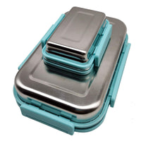 1 x RAW Customer Returns Portable Stainless Steel Lunch Box, Bento Box, Bread Box, Sauce Tin, Flat Set of 2 910ml and 192ml , Food Grade 304 Stainless Steel - Blue - RRP €15.02