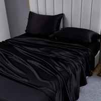 1 x RAW Customer Returns Fitted sheet 4-piece satin shiny plain, 180x200 cm for mattresses up to 36cm, bed sheet set with bed sheet, fitted sheet, 2 pillowcases - black - RRP €49.99