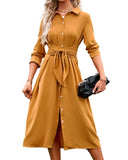 3 x Brand New BebreezChic Women s Long V-Neck Dress Long Sleeve Flowy Buttoned Split Elegant Shirt Dresses with Belt, Yellow XL - RRP €104.97