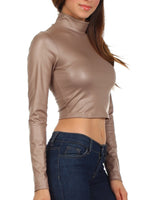 1 x Brand New Sakkas 687121 Matte Liquid Mock Neck Turtleneck Long Sleeve Crop Top - Made in USA - Taupe - L - RRP €32.99