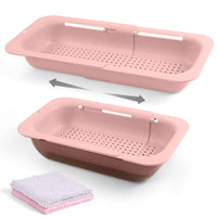 1 x RAW Customer Returns AUAUY 2-in-1 Adjustable Kitchen Storage Rack Cleaning Basket, BPA Free Double Layer Colander Bowl Strainer, 34-48CM Colander Strainer Extendable, Kitchen Strainer Basket over the Sink with 2 Towels Pink  - RRP €10.99