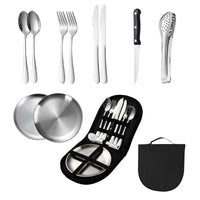 1 x RAW Customer Returns 10-piece picnic tableware set, Waldspring camping cutlery plate set, stainless steel cutlery for 2 people, portable tableware set fork, spoon, knife, plate, food tongs - RRP €20.16