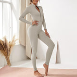 1 x RAW Customer Returns OEAK Women s Sports Jumpsuit Long Tight Yoga Overall Long Sleeve V-Neck Playsuits with Zipper Jogging Rompers Pants Suit Tracksuit,Sliber,S - RRP €30.24