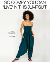 1 x RAW Customer Returns Jumpsuit women summer - versatile 2-in-1 one-piece made of cotton - overall turns into harem pants when pulled down - with long legs, pockets elastic cuffs at the waist and ankles Green Blue - RRP €32.59