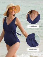 1 x RAW Customer Returns Love2Mi Maternity Swimsuit One Piece Elegant V-Neck Maternity Swimwear Tie Front Bowknot Swimsuit Navy Blue S - RRP €32.99