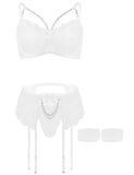 1 x RAW Customer Returns Aranmei Women s Lingerie Set with Thigh Cuffs, Sexy Underwear, Women s Underwear Set, 4 Piece Set with Garter Belt, White, S - RRP €23.99