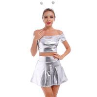 1 x RAW Customer Returns Space Girl Costume - Women s Alien Costume Sexy Metallic Dresses Silver Top Shiny Skirt Alien Headband 80s Festival Carnival Halloween Cosplay Clubwear Holographic Rave Outfit Silver 05 S - RRP €28.7