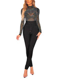 1 x RAW Customer Returns MAYFASEY Women s Dazzling Rhinestone Studded Mock Neck Bodysuit Sexy Jumpsuits Mesh Top, Black, XL - RRP €31.99