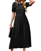 1 x Brand New BebreezChic Women s Summer Dress Round Neck Short Sleeve Puff Sleeve Ruched Gathered Casual Dress with High Waist Beach Dress Cocktail Dresses, Black S - RRP €44.36