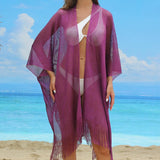 1 x Brand New Ferand Women s Summer Kimono Cardigan Open Front Fringe Beach Cover Up Long Kimono for Bikini Swimwear One Size Purple - RRP €27.6