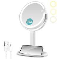 1 x RAW Customer Returns B Beauty Planet Makeup Mirror with Lights, 1X 20X magnifying glass, with mobile phone base, 3-color dimmable lighting, double-sided rechargeable with 360 rotation, white - RRP €35.4