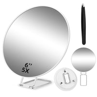 1 x RAW Customer Returns JADAZROR 5x Magnifying Mirror with 3 Suction Cups and 360 Adjustable Stand, 15cm Compact Makeup Mirror with 5x Magnification, Handheld Travel Magnifying Glass Mirror with Tweezers - RRP €20.4