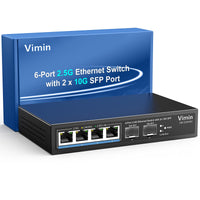 1 x RAW Customer Returns VIMIN 6-Port 2.5G PoE Switch Unmanaged, 4X 2.5G Base-T PoE Ports, 2X 10Gbps SFP , 4-Port PoE Switch with 60Gbps Ethernet Switching Capacity, Support IEEE802.3af at, 65W, VLAN, Metal Housing - RRP €78.64