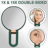 1 x RAW Customer Returns Wisebom magnifying mirror, hand mirror with handle, double-sided cosmetic mirror pocket mirror with 1X 15X magnification, foldable make-up mirror for travel mirror shaving mirror dark green  - RRP €9.82