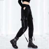 1 x RAW Customer Returns MEINVQIAOTI Black Cargo Pants for Women Techwear Loose Women Street Rock Style Casual Black Pants with Chain Goth Trousers Black,L  - RRP €37.3