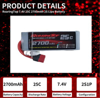 1 x RAW Customer Returns ROARINGTOP 2S Lipo Battery, 7.4v 2700mah RC Lipo Batteries 25C with Deans T Plug Compatible with WLtoys 104009 104002 104072 124017 124018 1 10 1 12 RC Car Truck Truggy with 2 USB Charger 2 Pack  - RRP €32.99