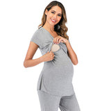 1 x RAW Customer Returns rismart Women s Maternity Nursing Pajamas Pyjama Set Cotton Pajamas Short Sleeve Top and Long Pants Summer Light Grey, M  - RRP €26.6