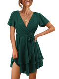 1 x RAW Customer Returns Beluring Dress Women V Neck Wrap Dress High Waist Summer Dress Tiered Dress Evening Dress Dark Green M - RRP €47.58