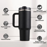 1 x RAW Customer Returns PRAOAHEI 40oz Thermal Mug with Straw and Handle, 1180 ML Double Walled Stainless Steel Hot Cold Drinks Vacuum Drinking Cup, Coffee Mug for Home Travel Black - RRP €26.99