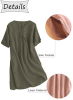 1 x RAW Customer Returns FTCayanz women s summer dress linen dresses V-neck short sleeve midi dress long tunic blouse khaki-green XL - RRP €42.14