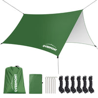 1 x Brand New Overmont Camping Tarpaulin - 3m x 3m Portable Foldable Multifunctional Tarpaulin with 6 Nails and 6 Ropes - Waterproof Sun Resistant for Tent Hammocks Picnic Beach - Green - RRP €30.0