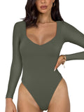 1 x RAW Customer Returns REORIA Women s Sexy V-Neck Double Lining Long Sleeve Slimming Bodysuit for Going Out, Gray and Green., Medium - RRP €24.0