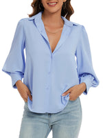 1 x Brand New MINTLIMIT Chiffon Blouse Women Summer Shirt Long Sleeve Casual Button Down with Buttons Shirt Blue L  - RRP €26.21