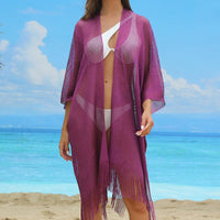 1 x Brand New Ferand Women s Summer Kimono Cardigan Open Front Fringe Beach Cover Up Long Kimono for Bikini Swimwear One Size Purple - RRP €27.6