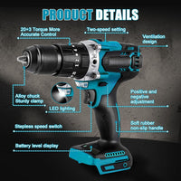 1 x RAW Customer Returns 13 mm cordless screwdriver compatible with Makita 18 V battery, 3 in 1 brushless electric hammer drill electric screwdriver, cordless impact drill repair tool electric screwdriver impact drill - RRP €80.66