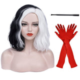 6 x Brand New Cruella Deville Costume Wig for Women Black and White Bob Wigs for Cruella with 1920s Red Gloves Women Cosplay Party Synthetic Wig R028 - RRP €115.2