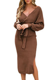 1 x Brand New Viottiset Women s V-neck Midi Knitted Jumper Elegant Backless Long Sleeve Tunic Dresses Belt Brown Large - RRP €40.33