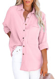 1 x RAW Customer Returns Justchicc Women s Solid Button Down Casual Pockets Long Sleeves Loose Blouse Shirt Tops Pink Medium - RRP €36.29