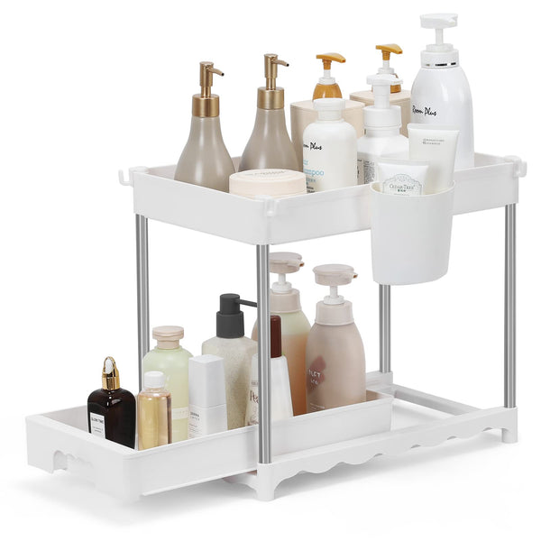 1 x RAW Customer Returns LIANTRAL 2 Tier Under Sink Shelf with Sliding Drawer, Kitchen Worktop Shelf Organizer with Hooks Cup, Spice Rack Under Cabinet Shelf Sink Cabinet Shelf Bathroom Shelf Storage - White - RRP €20.16