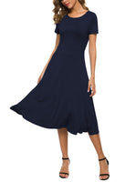 1 x RAW Customer Returns EXCHIC Women s Casual Round Neck A-Line Short Sleeve Midi Dress Summer Stretchy Knee Length Casual Dresses XXL, Navy Blue  - RRP €33.16