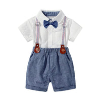 1 x RAW Customer Returns Volunboy Baby Boys Suit Set Clothing Shirt with Bow Tie Suspender Shorts Romper Suit White 18-24 Months Size 90  - RRP €31.99