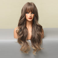 1 x Brand New Ombre Brown Long Wavy Synthetic Wig with Bangs for Women Natural Looking Heat Resistant Hair for Daily Party Wear 61CM - RRP €23.59