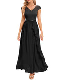 1 x RAW Customer Returns Gardenwed Women s Formal Dress Cocktail Long Elegant Evening Dress for Wedding Prom Communion Gown with V-Neck Short Sleeves Black S - RRP €66.99