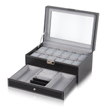 1 x RAW Customer Returns HEOMU leather watch box with 12 compartments with key, watch case with drawer, watch box jewelry box with glass display top watches jewelry storage - RRP €31.67