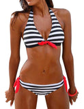 1 x RAW Customer Returns Voqeen Women s Bikini Striped Halter Padded Swimsuit Two-Piece Beachwear Black, S  - RRP €18.54