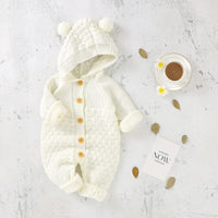 2 x Brand New Newborn Baby Clothes Winter Boys and Girls Hooded Bodysuit Knitted Cotton Romper with Hat 3-24 Months Creamy-White, 12-18 Months  - RRP €47.98