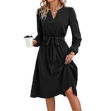 1 x RAW Customer Returns Yageshark Dresses for Women Midi Dress Long Sleeve V-Neck Solid Color Shirt Dress Elegant Casual Women Tunic Dress Black, L  - RRP €28.99