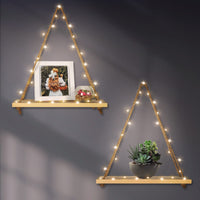 1 x RAW Customer Returns Brmeday Set of 2 Rope Shelves, Macrame Wood Wall Shelf, Handmade, with 3M LED Light Chain, Bohemian Wall Decoration for Living Room, Bedroom, Bathroom - RRP €23.04